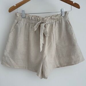 Lush linen cotton blend tan khaki beige paper bag elastic waist tie front shorts